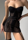 (Real Image)2024 Styles Women Lace See-Through Bustier Halter Neckline Push-Up Steel-Boned Sleepwear with Garter Belt