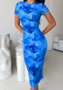 (Dark Blue)2024 Styles Women Multicolor Floral Print Strapless Slimming Short-Sleeved Maxi Dress