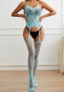 (Blue)2024 Styles Women Crisscross Neck Floral Lace Bodysuit Stockings with Sheer Fabric and Suspender Straps