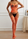 (Orange)2024 Styles Women Crisscross Neck Floral Lace Bodysuit Stockings with Sheer Fabric and Suspender Straps