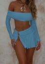 (Blue)2024 Styles Women Stylish Cold-Shoulder Crop Top & Side-Slit Mini Skirt Set