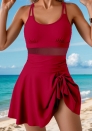 (Red)2025 Styles Women Two-Strap Mesh-Trimmed Fitted Skirt Romper Bikini