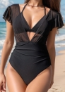 (Black)2025 Styles Women Mesh-Trimmed One-Piece Top High-Waist Bikini Set