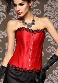 Red Front Flower Satin OverBust Steel Boned CORSET