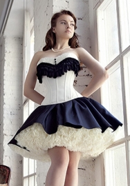 Black White Lace Up Vertical Stripes Lace Front Satin OverBust Steel Boned CORSET Without Skirt