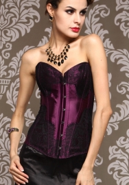 Black Print Lace Front Satin OverBust Steel Boned CORSET