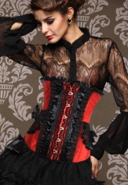 Red Black Ruffle Vertical Stripes Front Satin OverBust Steel Boned CORSET