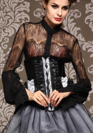 Black Ruffle Vertical Stripes Front Satin OverBust Steel Boned CORSET