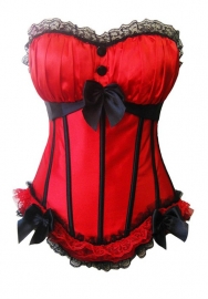 Red Bows Lace Up Vertical Stripes Satin OverBust CORSET