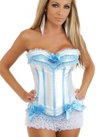 White Blue Bows Vertical Stripes Flower Satin OverBust CORSET