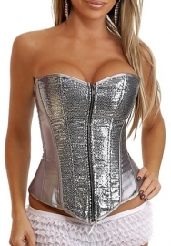 Grey Sliver Sequin Front Leather OverBust CORSET