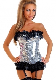 Sliver Sequin Lace Up Ruffle Flower Polyestor OverBust CORSET