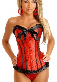 Red Bows Polka Dot Ruffle Vertical Stripes Front Satin OverBust CORSET
