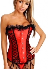 Red Lace Up Vertical Stripes Front Bandage Satin OverBust CORSET