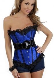 Blue Lace Up Ruffle Vertical Stripes Front Satin OverBust CORSET