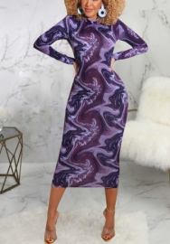 2021 Styles Women Fashion INS Styles Fashion Print Long Sleeve Midi Dress