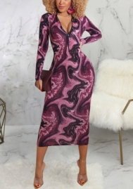2021 Styles Women Fashion INS Styles Fashion Print Long Sleeve Midi Dress