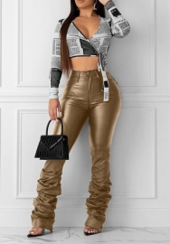 (Real Image)2021 Styles Women Fashion Fall & Winter INS Styles PU Khaki pants
