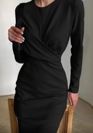 2021 Styles Women Fashion Fall & Winter INS Styles Solid Color Long Sleeve Midi Dress