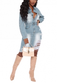 (Real Image)2022 Styles Women Fashion Spring INS Styles Long Sleeve Ripped Jeans Mini Dress