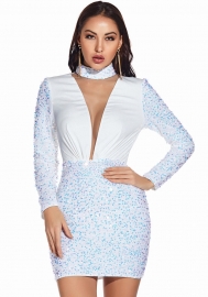 (Real Image)2022 Styles Women Fashion Spring INS Styles Sequin V Neck Long Sleeve Mini Dress
