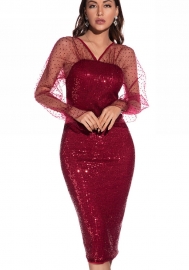 (Real Image)2022 Styles Women Fashion Spring INS Styles Sequin Mesh Long Sleeve Midi Dress