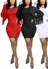 (Red)(Real Image)2022 Styles Women Fashion Spring INS Styles Solid Color Tassel Long Sleeve Mini Dress