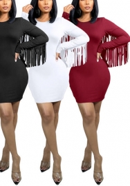 (Wine Red)(Real Image)2022 Styles Women Fashion Spring INS Styles Solid Color Tassel Long Sleeve Mini Dress