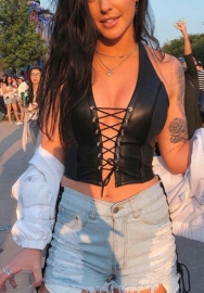 (Real Image)2022 Styles Women Fashion Spring INS Styles PU Lace Up Tops