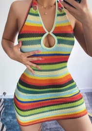 (Real Image)2022 Styles Women Fashion Spring INS Styles Halter Rainbow Stripes Mini Dress