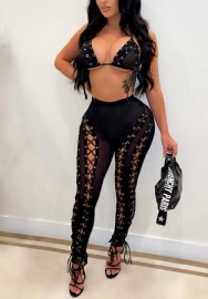 (Real Image)2022 Styles Women Fashion Summer INS Styles Mesh Bar + Long Pants 2 Piece Suit