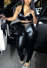 (Real Image)2022 Styles Women Fashion Summer INS Styles PU Two Piece Suit