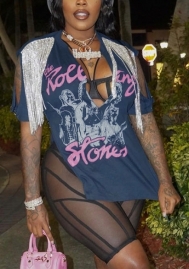 (Only Tops)(Real Image)2022 Styles Women Fashion INS Styles Print Double Shoulder Tassel Tee