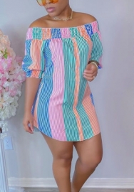 (Real Image)2022 Styles Women Sexy INS Styles Off Shoulder Striped Casual Mini Dress
