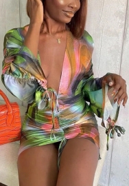 (Real Image)2022 Styles Women Sexy INS Styles Print Long Sleeve Ruffle Mini Dress