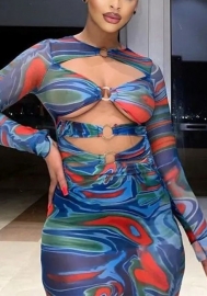 (Real Image)2022 Styles Women Sexy INS Styles Print Cut Out Long Sleeve Maxi Dress