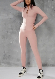 (Real Image)2022 Styles Women Sexy INS Styles Pink Front Zipper Jacket+Long Pants Two Piece Suit