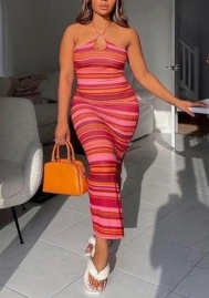 (Real Image)2022 Styles Women Sexy INS Styles Print Halter Striped Maxi Dress