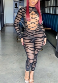 (Real Image)2022 Styles Women Sexy INS Styles Mesh Lace Up Print Jumpsuit