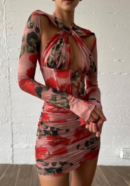 (Real Image)2022 Styles Women Sexy INS Styles Bohemian Floral Rose Long Sleeve Mini Dress