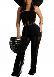 (Real Image)2022 Styles Women Fashion INS Styles Mesh Ruffle Solid Color Two Piece Suit