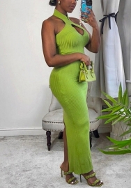 (Real Image)2022 Styles Women Fashion INS Styles Solid Color Halter Backless Maxi Dress