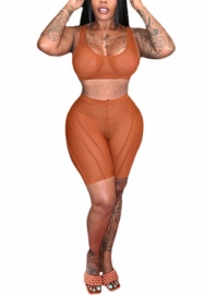 (Real Image)2022 Styles Women Fashion INS Styles Solid Color Mesh Short Two Piece Suit