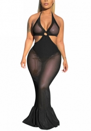 (Real Image)2022 Styles Women Fashion INS Styles Solid Color Mesh Maxi Dress