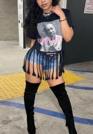 (Real Image)2022 Styles Women Fashion INS Styles Short Sleeve Black Print Bottom Tassel Tops