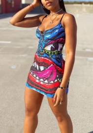 (Real Image)2022 Styles Women Fashion INS Styles Print Front Zipper Strap Mini Dress