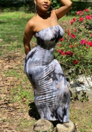 (Real Image)2022 Styles Women Fashion INS Styles Tube Print Maxi Dress