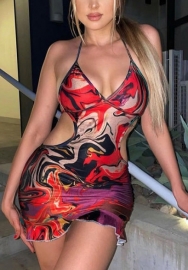 (Real Image)2022 Styles Women Fashion INS Styles Print Cut Out Mini Dress