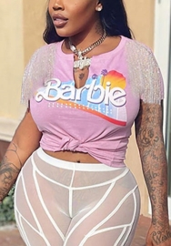 (Real Image)2022 Styles Women Fashion INS Styles Print Hip Hop Tassel Double Shoulder Tee