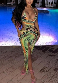 (Real Image)2022 Styles Women Fashion INS Styles Green Print Tie Maxi Dress